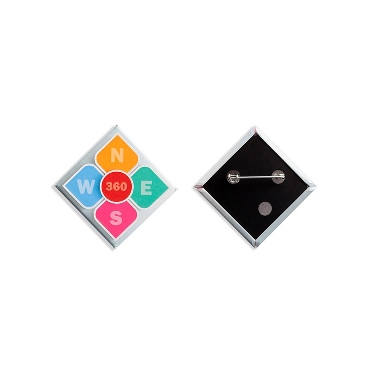 A diamond-shaped badge featuring four coloured sections and a pin back, with a logo on one side.