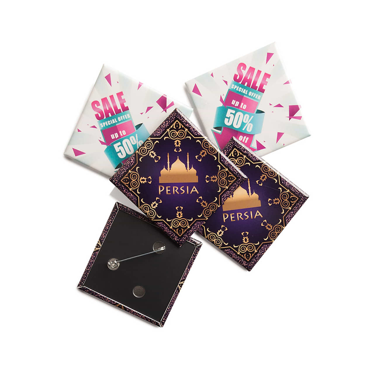 Custom Printed 50mm x 50mm Badges Diamond