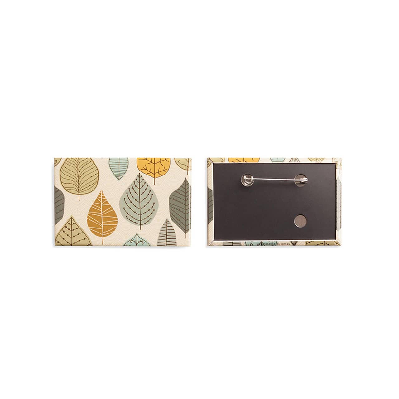 A rectangular badge featuring a multi-coloured leaf design on the front and a black backing with a pin.