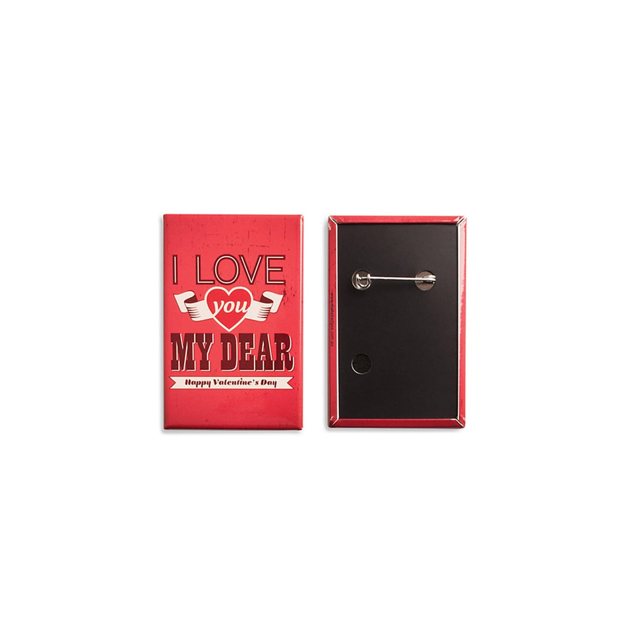 A rectangular badge in red featuring a design with hearts and a pinback. The back is black with a pin attachment.