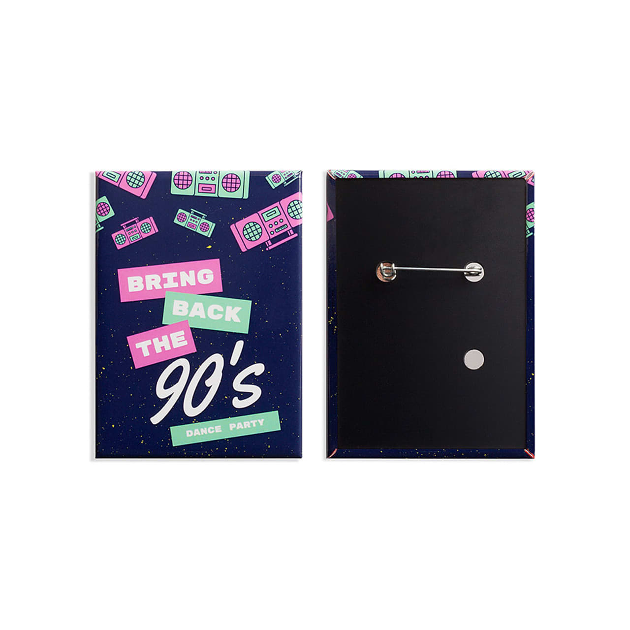 A rectangular badge featuring a navy background with colourful graphics and a metal pin on the back.