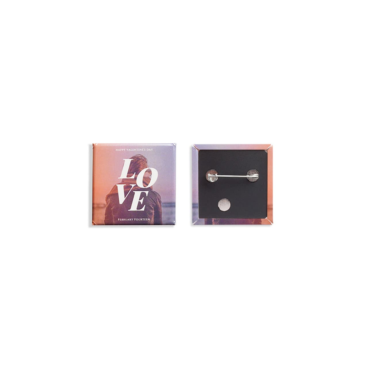 A square badge featuring a colourful design and a pin backing, ideal for custom printing.