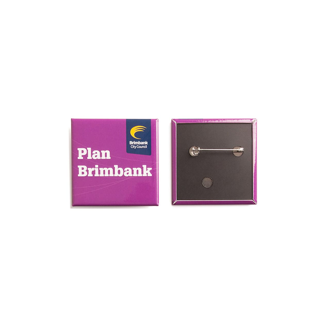 A square badge featuring a purple exterior with a pin back, showcasing a logo on one side.