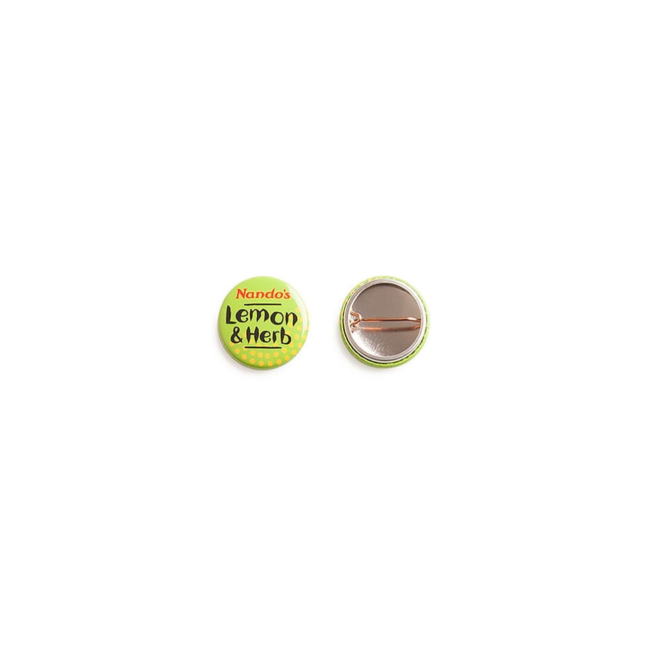 A green and yellow 25mm round badge with a pin back and a logo.