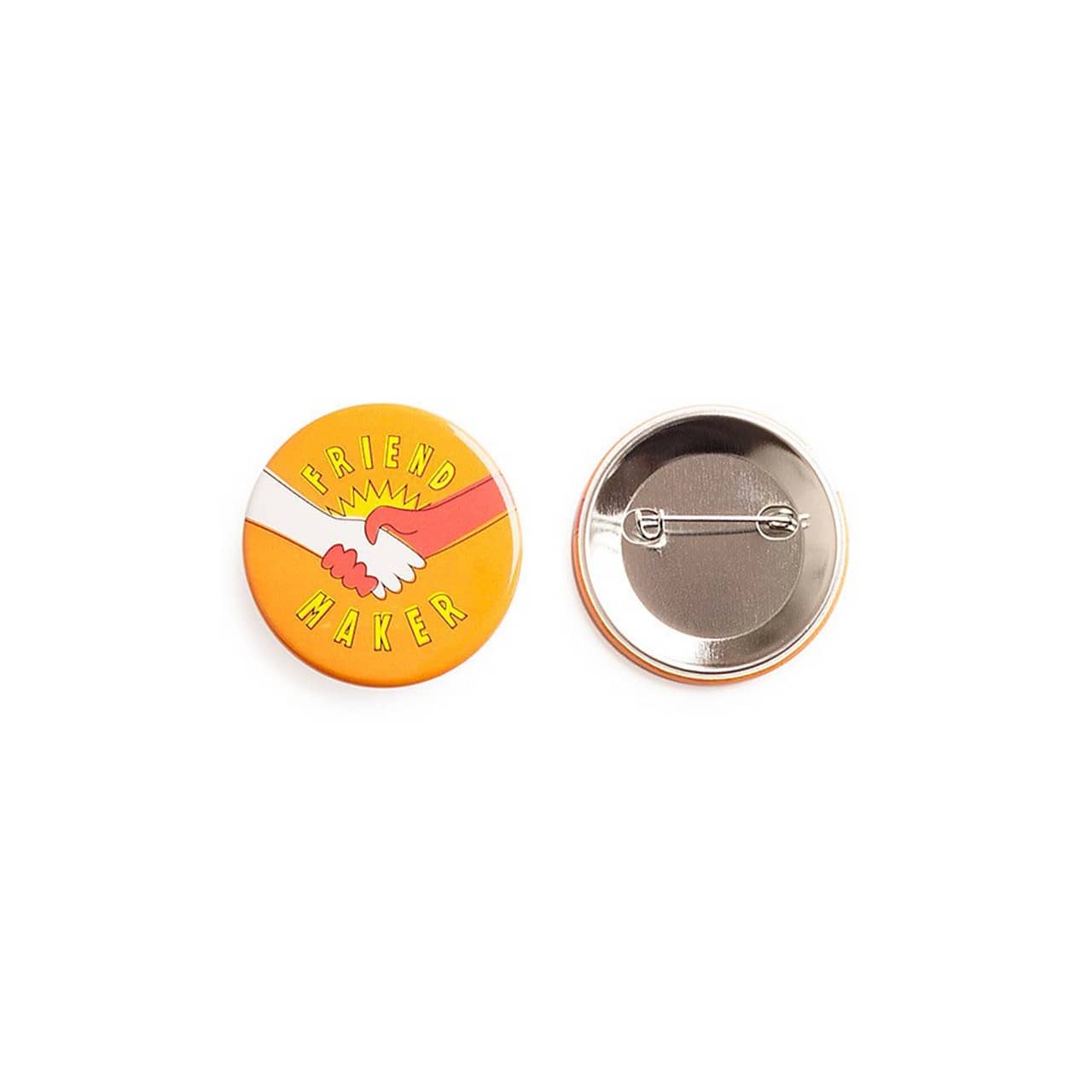 A 45mm round badge with an orange and yellow design featuring a handshake and a logo on the back for pinning.