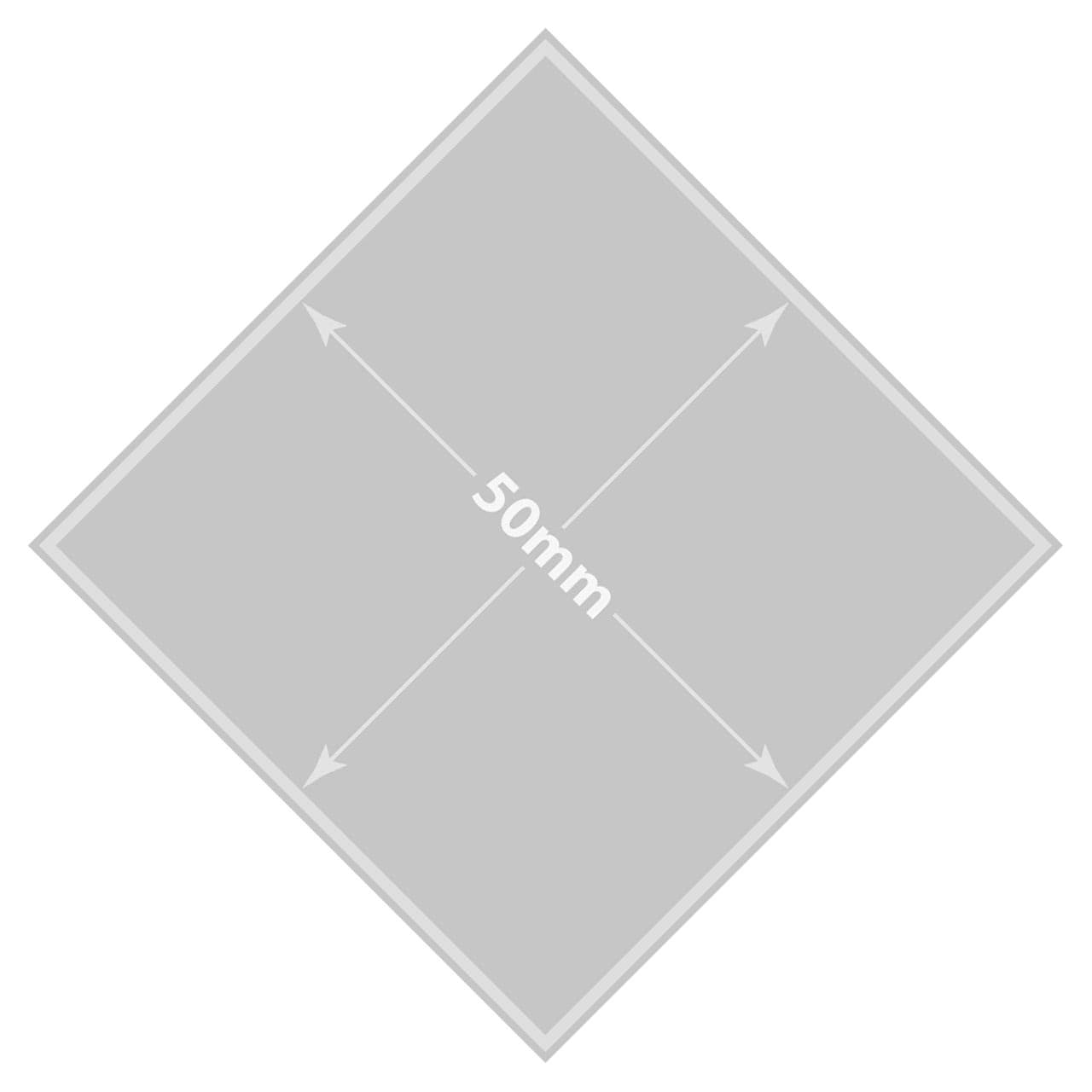 A diamond-shaped badge measuring 50mm x 50mm in grey, featuring an area for custom printing and a logo.