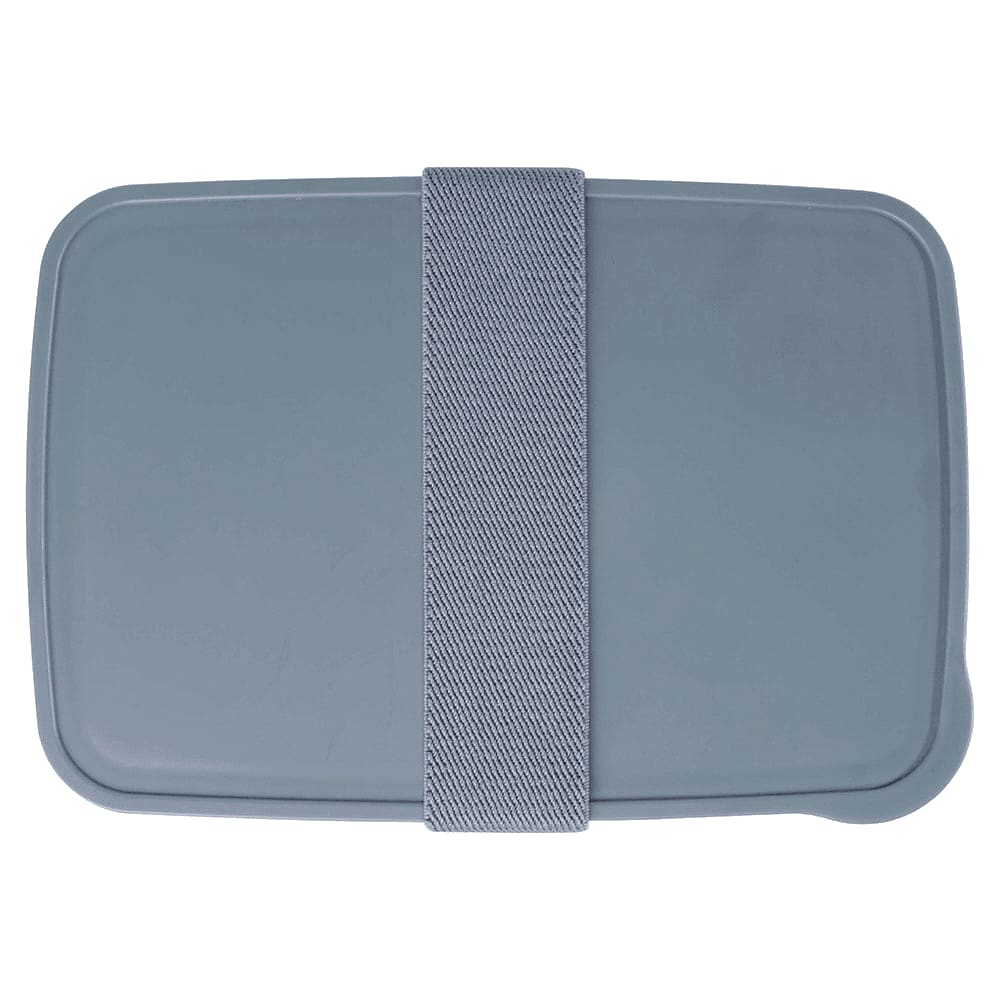 A lunch box in a solid grey colour with a textured grey band securing the lid, featuring a simple design.