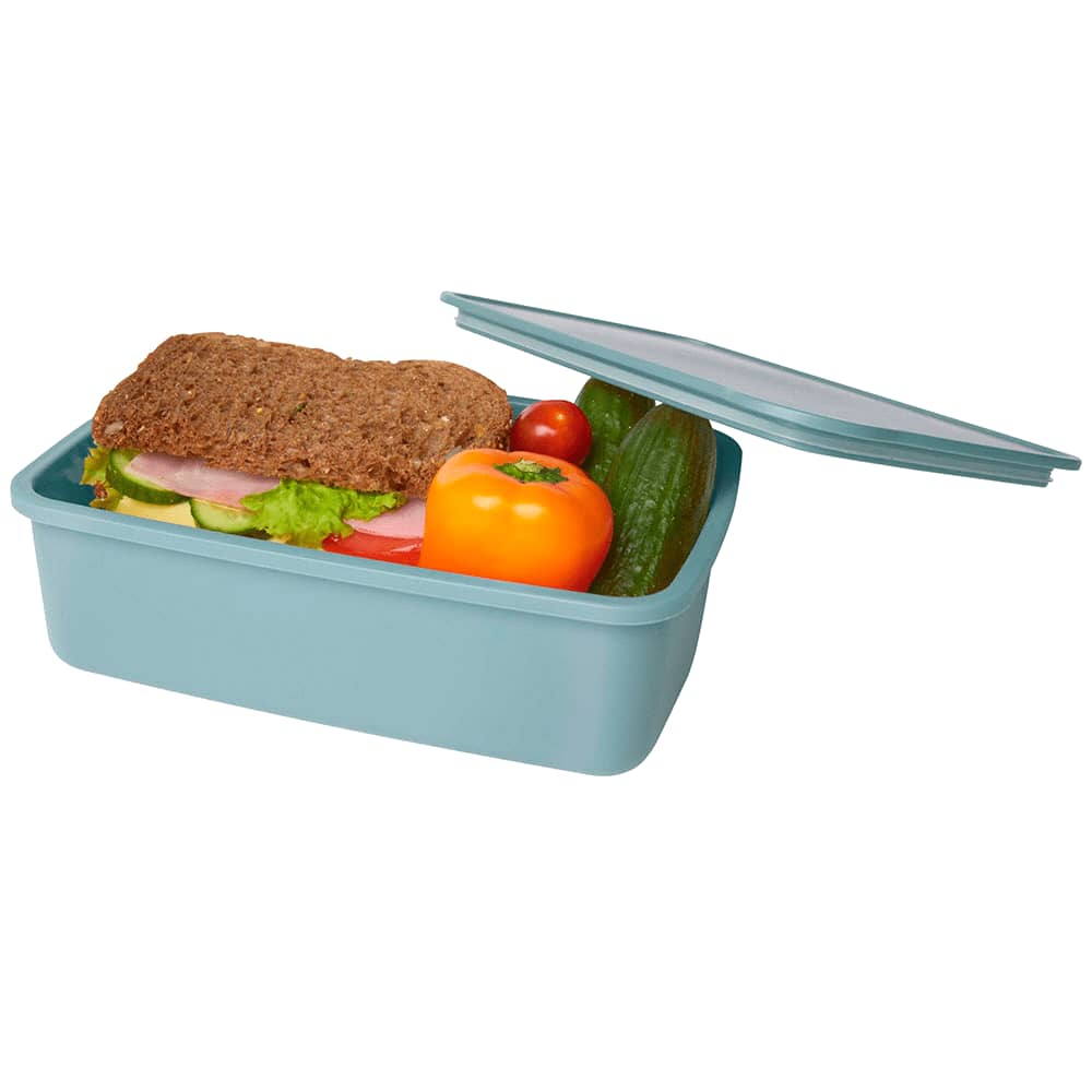 A light blue lunch box containing a sandwich, cucumber, cherry tomatoes, and a bell pepper. It has a lid and a logo.