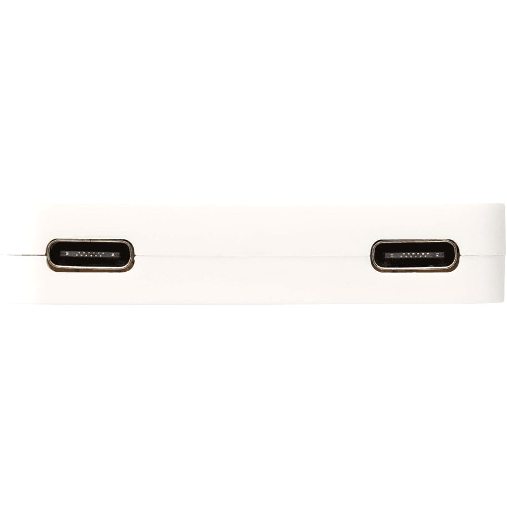 A white 4-port USB hub with USB-A and Type-C outputs, featuring multiple connection ports.