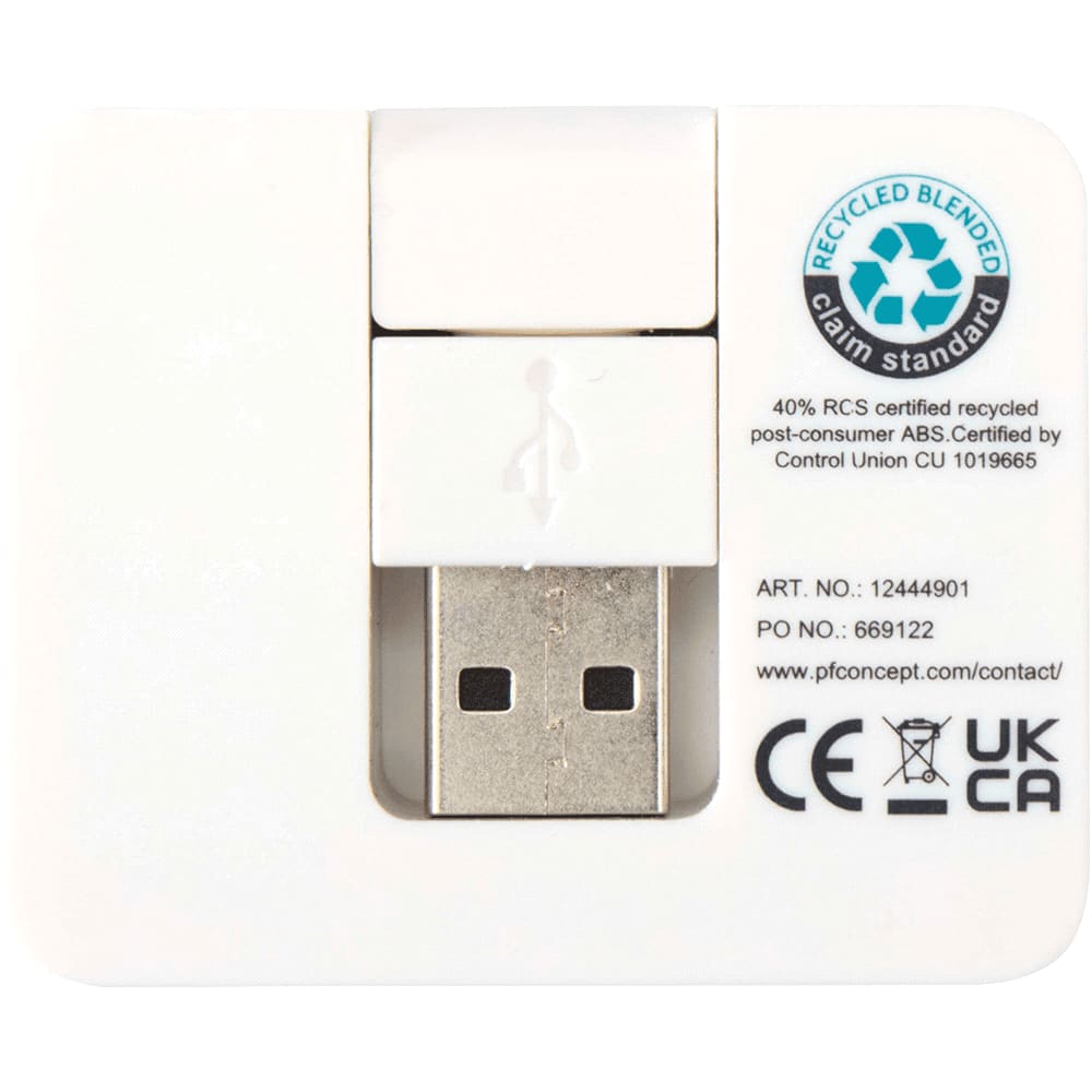 A white 4-port USB hub featuring USB-A and Type-C outputs, with a compact design and a logo.