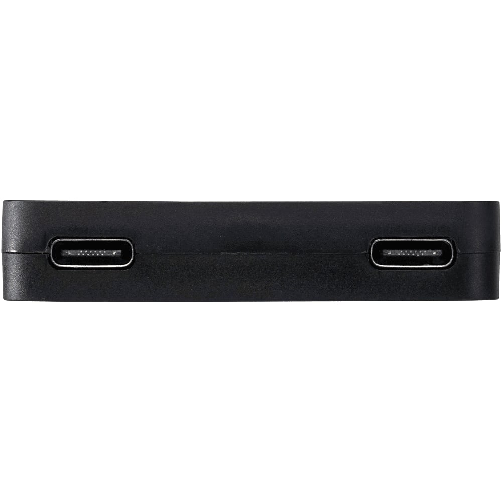 A black USB hub featuring two USB-A and two Type-C ports on one side. It has a simple, sleek design.