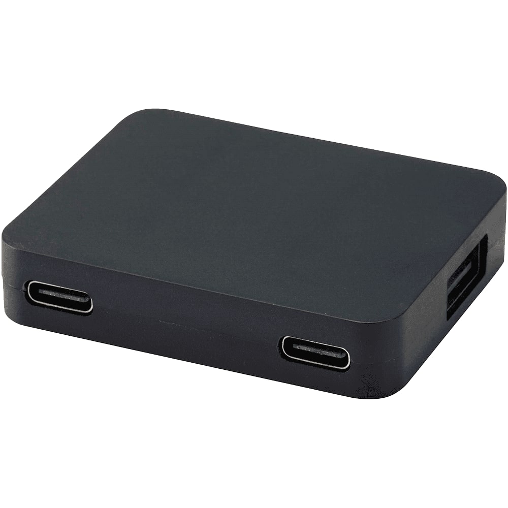 A black USB hub with four ports, including USB-A and Type-C outputs, featuring a compact rectangular design.