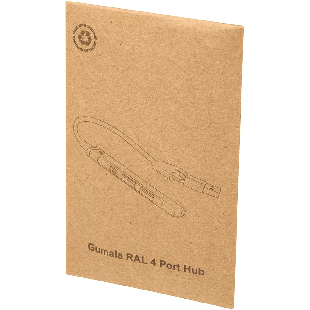 A brown cardboard packaging featuring a sketch of the Alkaid 4-Port Recycled Aluminium USB-A & Type-C Hub with dual input.