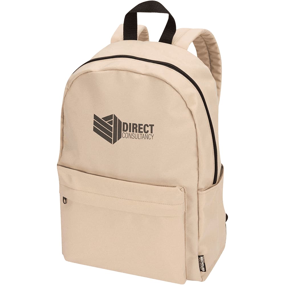 A beige laptop backpack with a front pocket and a logo, featuring padded shoulder straps and a zip closure.