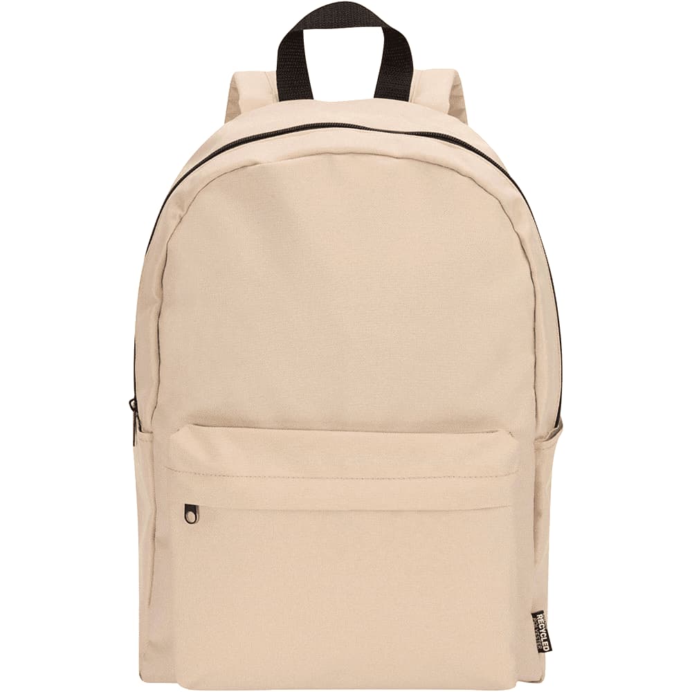 A beige laptop backpack with a front pocket, black zipper, and dual shoulder straps. It features a logo on the side.