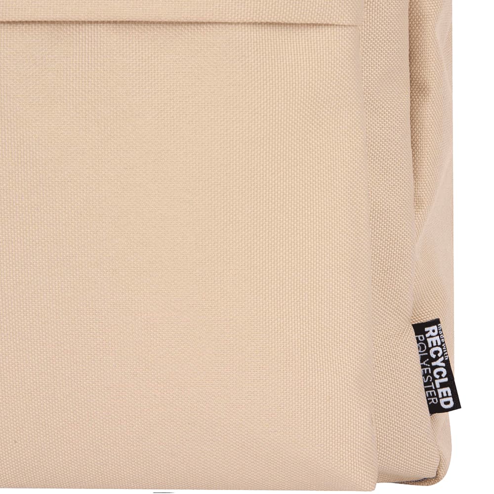 A beige laptop backpack made from recycled polyester, featuring a visible logo and a front pocket.