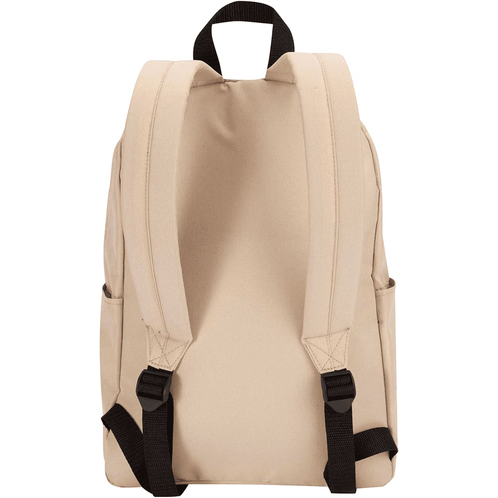 A beige laptop backpack with black straps and side pockets, featuring a simple design and a logo.
