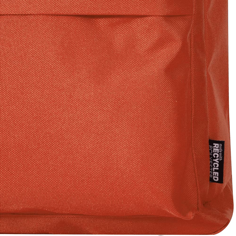 An orange backpack featuring a textured fabric and a tag indicating recycled materials.