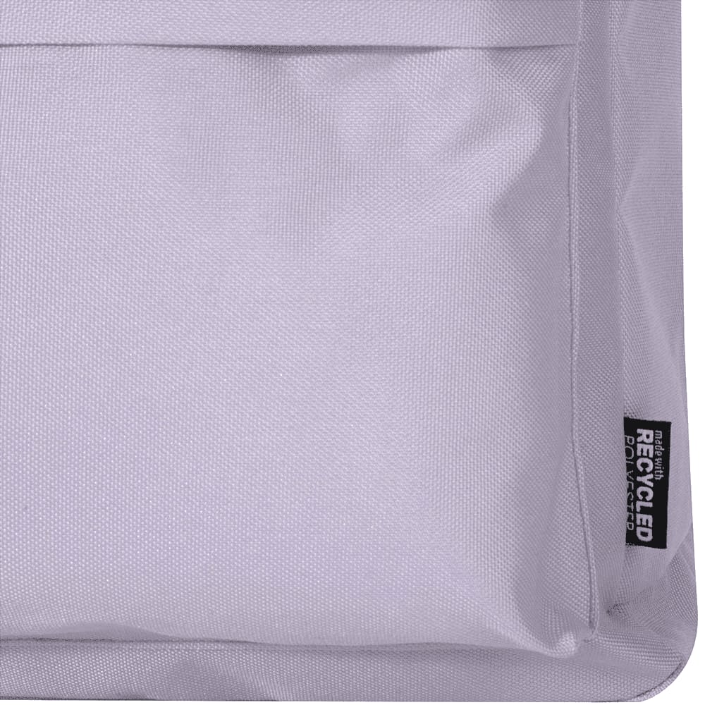 A grey recycled fabric backpack features a front pocket and a logo tag.