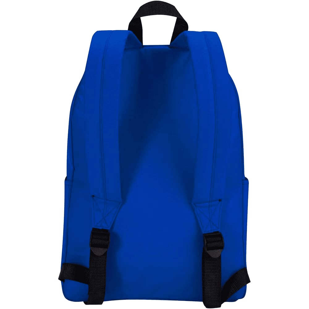 A blue laptop backpack with adjustable straps and side pockets, featuring a logo.