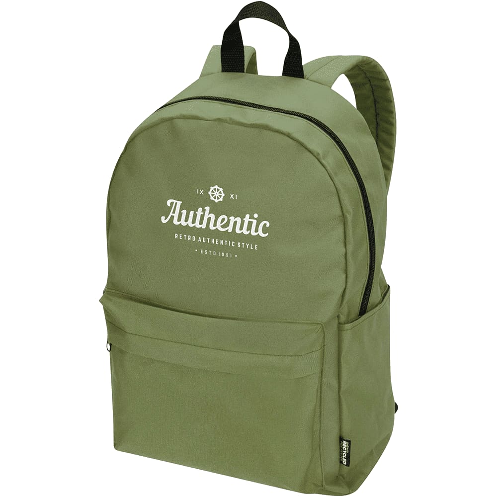 A green laptop backpack with padded straps and a front pocket, featuring a logo on the front.