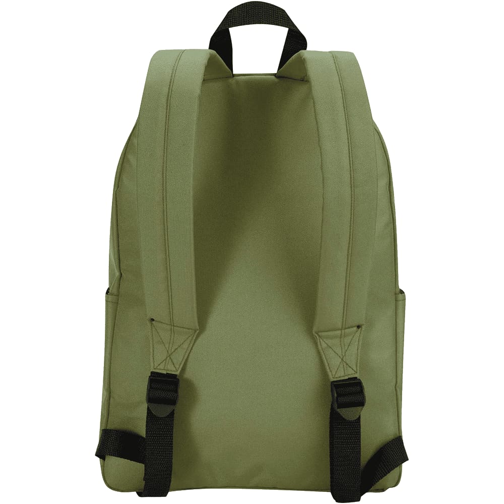 A green laptop backpack with two padded shoulder straps and side pockets. It features a simple design and a logo on the back.