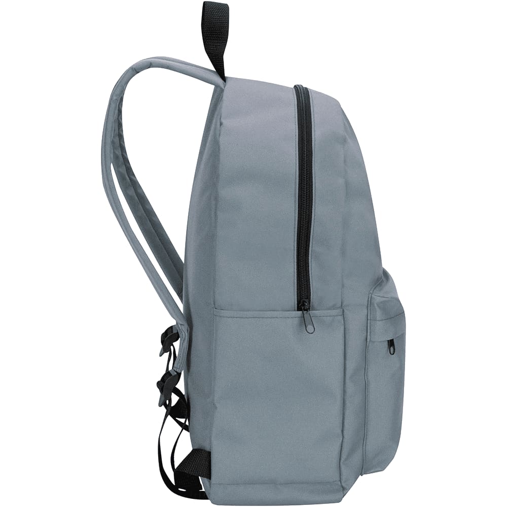 A grey laptop backpack featuring adjustable straps and side pockets. It has a main zippered compartment and a logo.