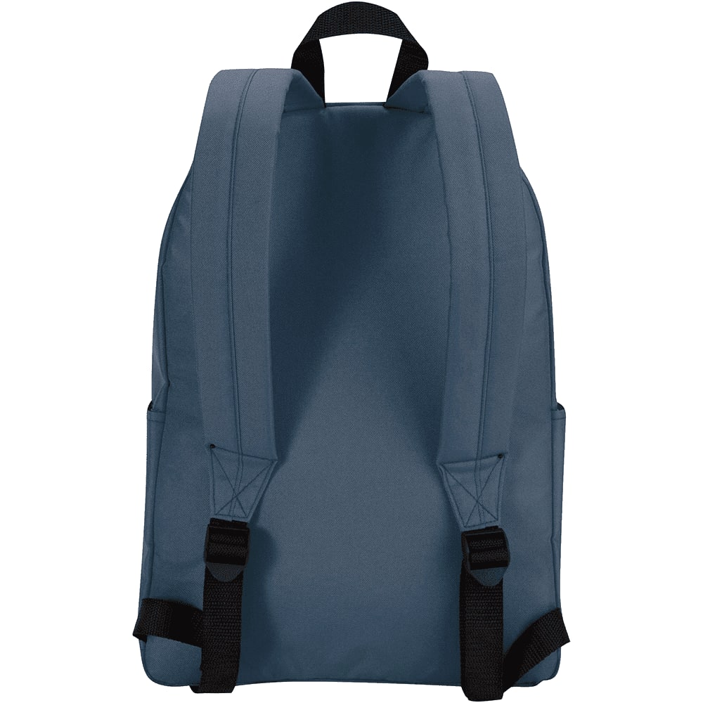 A backpack featuring a deep blue colour with adjustable straps and side pockets, displaying a logo on the back.