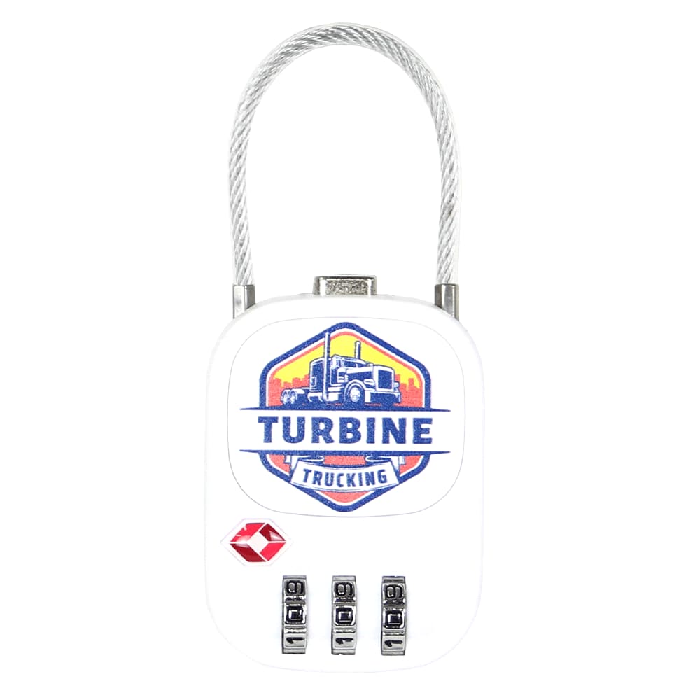 A white TSA lock with a cable and a colourful logo featuring a truck and text.
