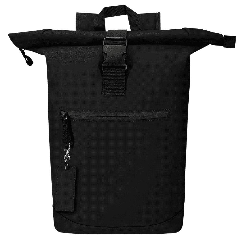 A black roll-top backpack with a front zip pocket and adjustable straps. It features a sturdy handle on top.