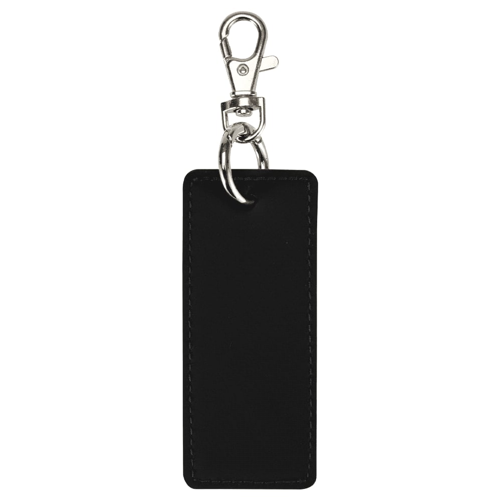 A black rectangle keychain with a metallic clip and ring, featuring a smooth finish and stitching details.