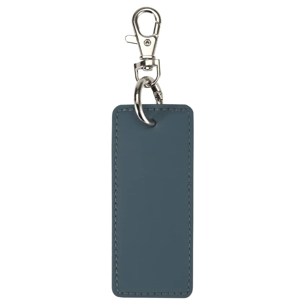 A rectangular keychain in dark blue with a silver metal clip and ring. It features a smooth surface and stitched edges.