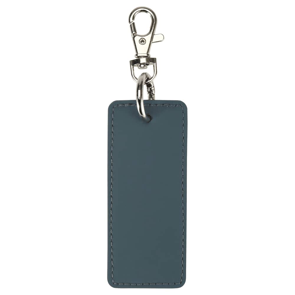 A rectangular keychain in a dark blue colour with a silver clip and ring attachment.
