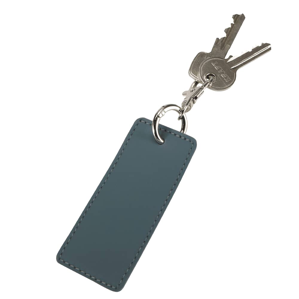 A rectangle keychain in a blue hue, attached to a set of three keys. The keychain has a branding logo.