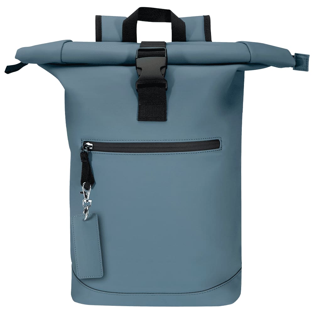 A blue waterproof backpack with a roll-top closure, featuring a front zip pocket and a branding tag.
