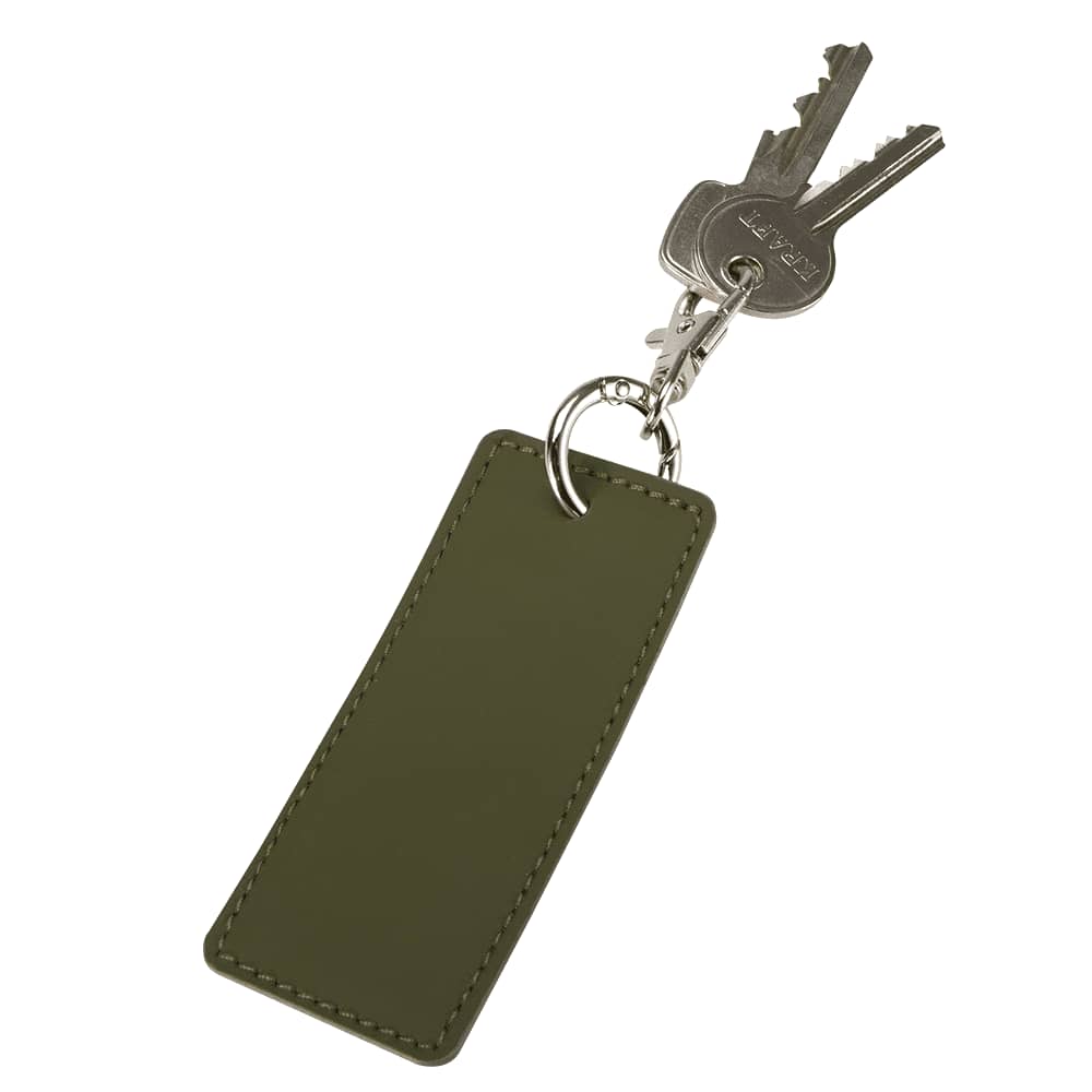 An olive green rectangular keychain attached to metal keys. The keychain has a simple design and includes a logo.