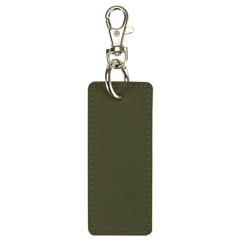A rectangular keychain in olive green with a silver clip and ring for attaching to keys or bags.