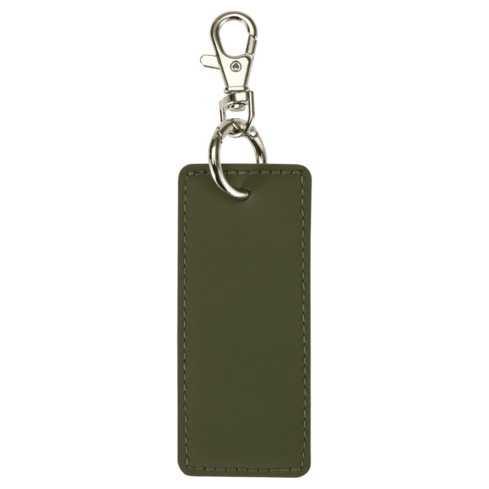 An olive green rectangle keychain with a silver clip and ring. Features a simplistic design.