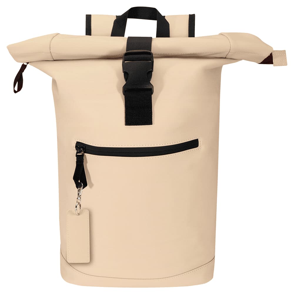A beige roll-top backpack featuring a front zip pocket and a keychain attachment. It has a sturdy black strap.