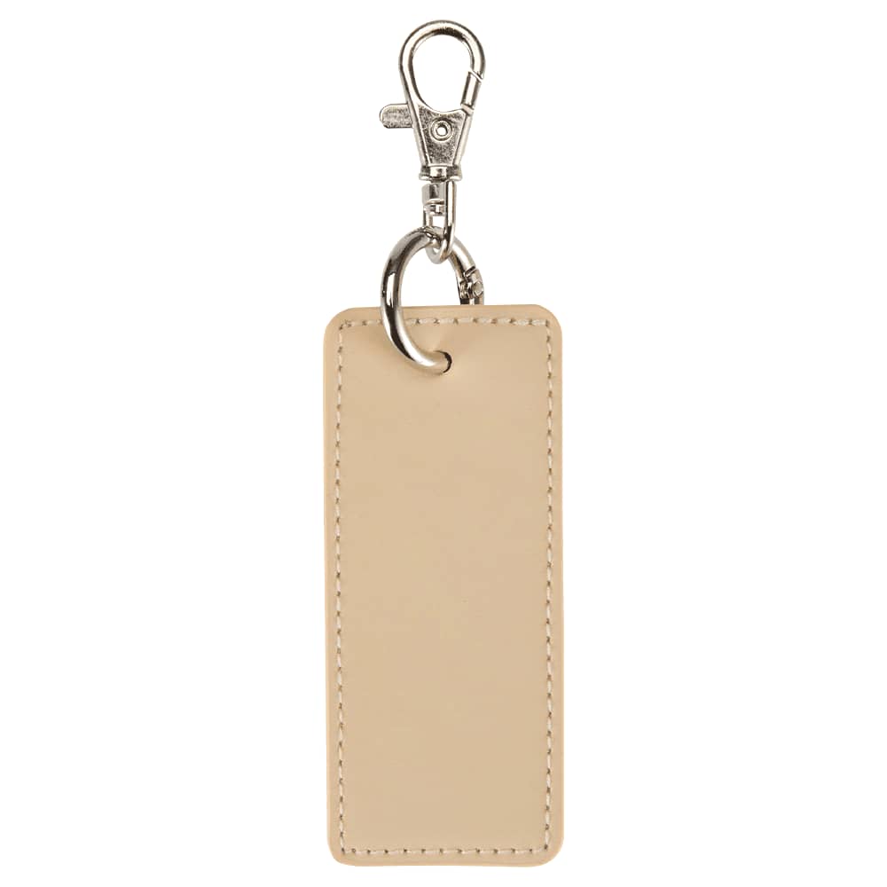 A rectangular keychain in a beige colour with a silver clip and keyring. Features a smooth texture.