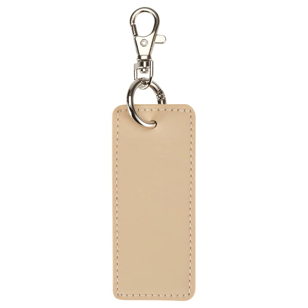 A rectangular keychain in a light beige colour with metal clip and keyring, featuring a simple, sleek design.