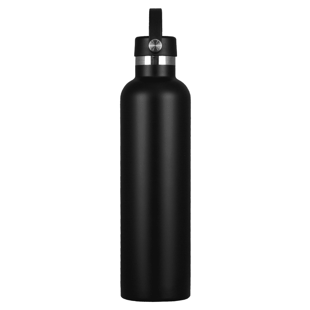 A drink bottle in matte black stainless steel, featuring a secure lid and a simple design. It has a logo on the side.