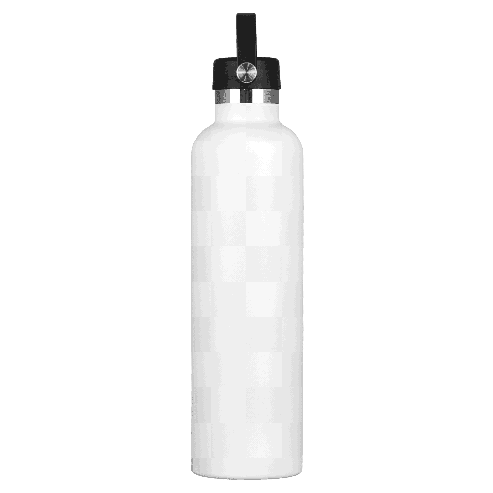 A drink bottle that is white with a black lid and features a logo. It has a capacity of 1 litre.