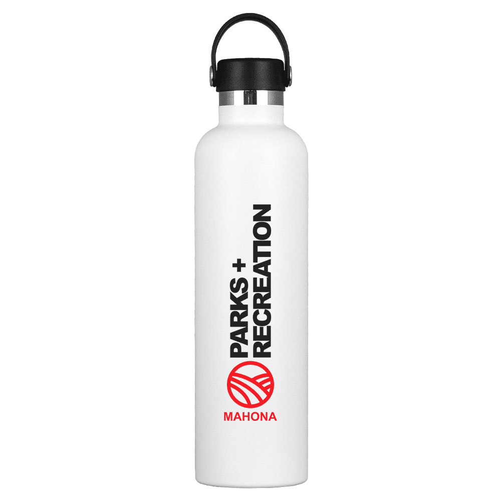 A drink bottle with a sleek white design, featuring a black top and a logo. It holds 1 litre of liquid.