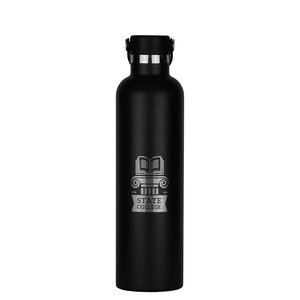 A drink bottle in matte black stainless steel with a silver logo featuring an open book and a column.