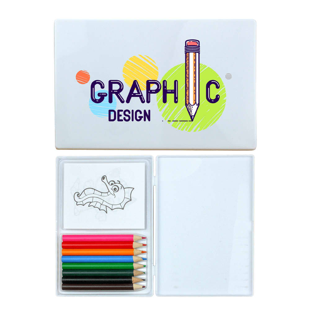 A colouring set featuring six coloured pencils in green, red, yellow, blue, orange, and black, along with a sketch pad and branding.