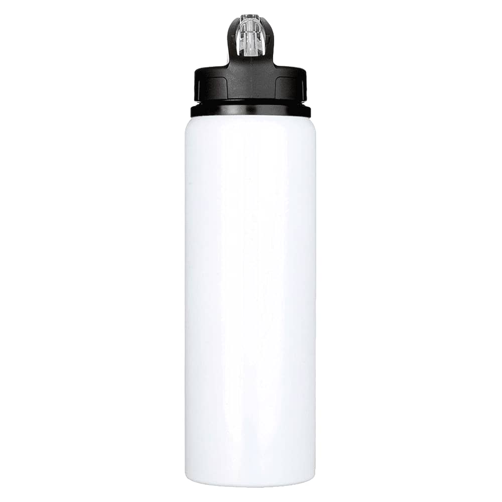 A drink bottle in white with a black lid, featuring a flip-top spout and a branding logo.