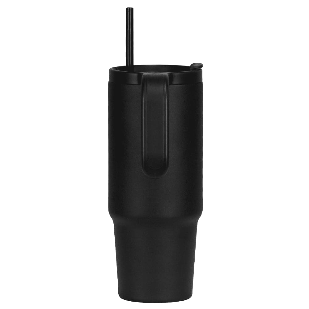 A drink bottle featuring a black design, handle, and straw. Made from recycled materials, 900ml capacity.