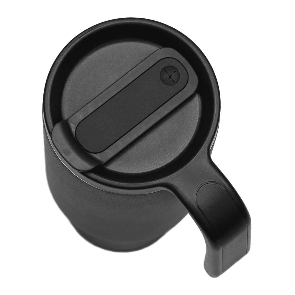 A drink bottle with a handle, featuring a sleek black design and a secure lid, includes a logo.