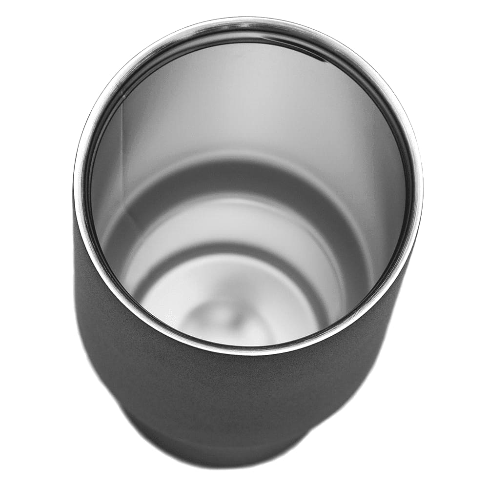 A drink bottle in grey with a stainless steel interior, featuring a handle and a curved design.